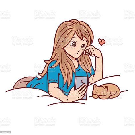 ilustración de girl take selfie in bed with cat y más vectores libres
