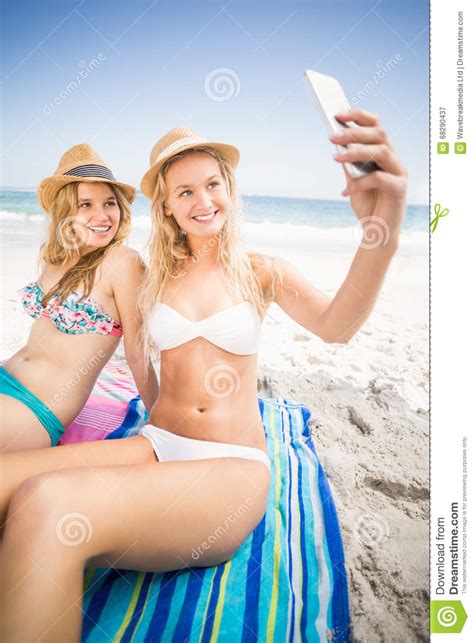 Two Friends In Bikini Taking A Selfie Stock Image Image