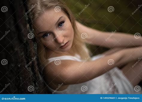 Close Up Portrait Beautiful Young Blonde Woman Forest Nymph In White