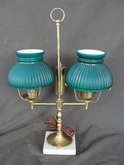 vintage brass electric double student lamp  green ribbed shades lamp vintage brass electricity
