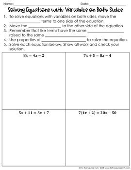 solving equations  variables   sides notes tpt