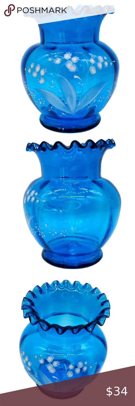 Hand Blown Blue Glass Vase Enamel Lily Of Valley In 2021 Blue Glass