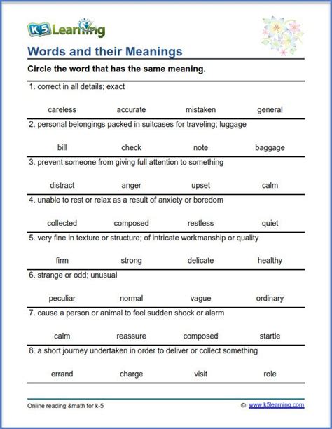 grade  vocabulary worksheet words   meanings vocabulary