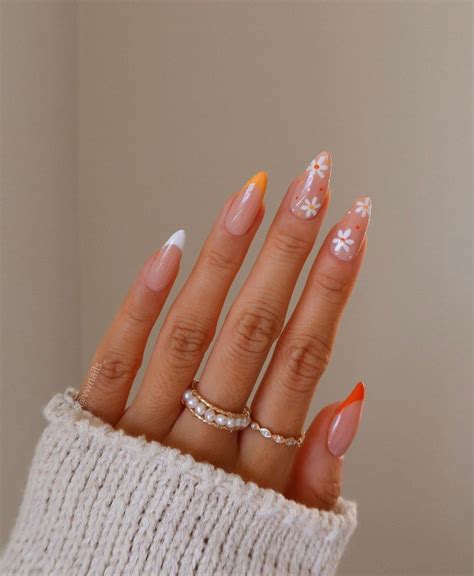pretty floral nail designs flower orange french tip nails