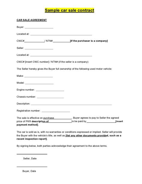 sample car sale agreement form  shown