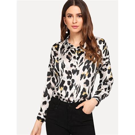 blouse  motif de leopard  bord incurve leopard blouse long sleeve blouse blouses  women