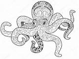 Octopus Coloring Volwassenen Vector Boek Depositphotos Stockillustratie Oktopus Zentangle Antistress Dier Stijl Lijnen Zee sketch template