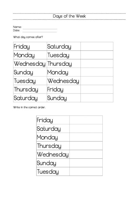 days   week worksheets  activity