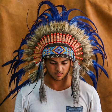 indian headdress  real cm feathers dark blue blingby