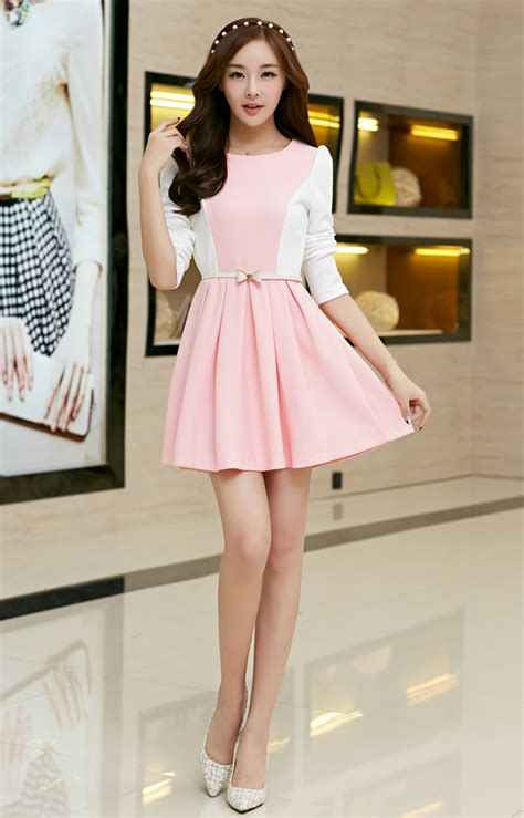 Korean 2014 Elegant Princess Dress Fitted Sweet Pink Round Neck Long