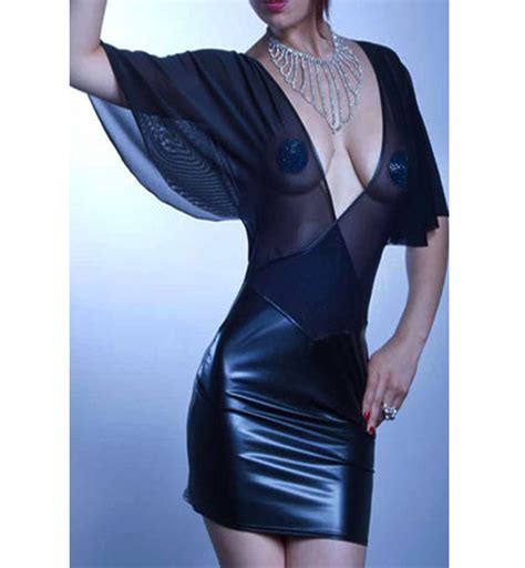 deep v leather and mesh club dress n7691