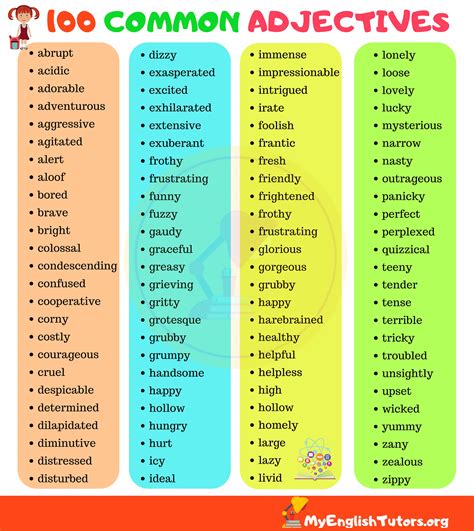 list   common adjectives  english  english tutors