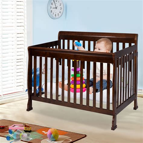 costway coffee pine wood baby toddler bed convertible crib nursery