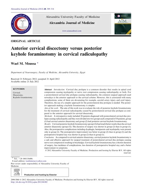 Pdf Anterior Cervical Discectomy Versus Posterior Keyhole