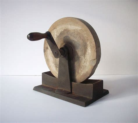 vintage grinding wheel  handle steel  stone