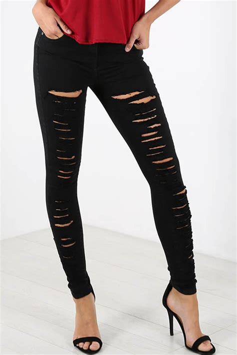 womens ladies girls high waist extreme ripped black skinny denim jeans