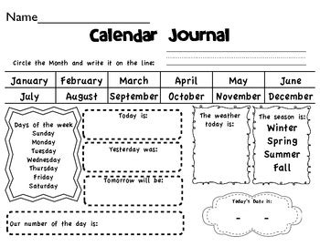 kindergarten  daily calendar journal kindergarten worksheets