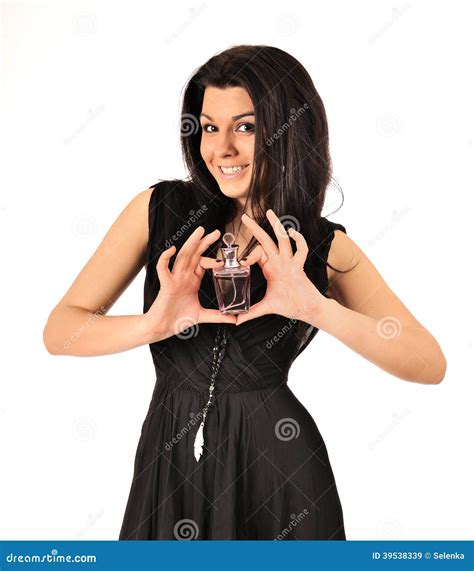 Brunette Woman Holding Perfume Bottle Stock Image Image Of Feminine