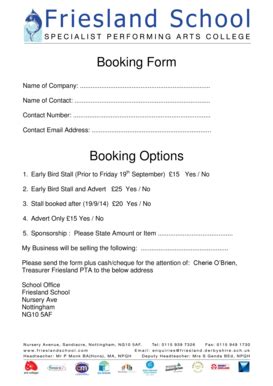 fillable  booking form friesland school fax email print pdffiller