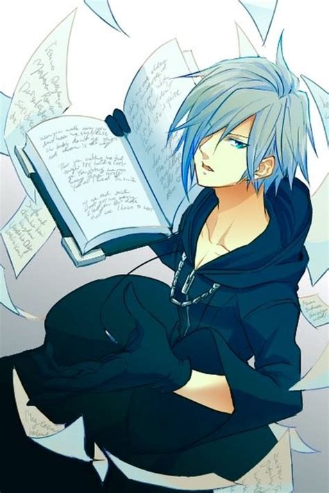 anime character  blue hair  black clothes holding  book   hands surrounded