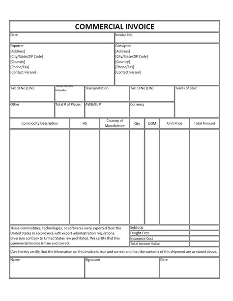 commercial invoice template exceltemplatesorg