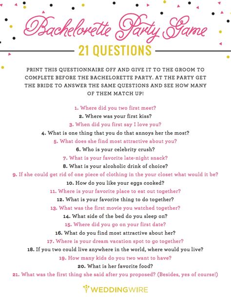 21 Questions Game Free Bachelorette Party Printables