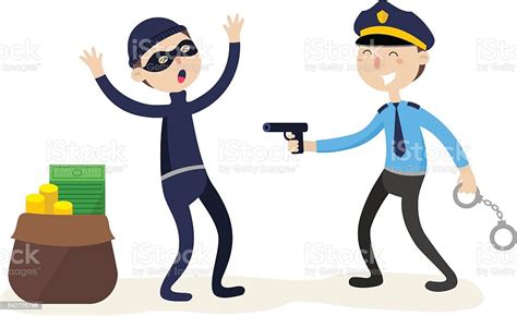 the policeman arrested the thief redhanded crime concept flat stock