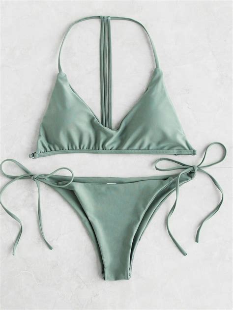 Green T Back Strap Triangle Padded Side Tie Bikini Set Tie Bikini Set