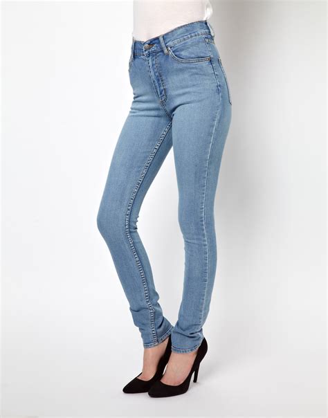 cheap monday high waist skinny jeans in blue lightblue lyst