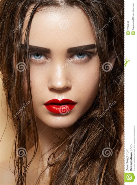 Hot Girl With Sexy Wet Hairstyle And Fashion Make Up Stock