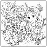 Unicorn Coloring Girl Cute Drawing Outline Pages Girls Garden Roses Adult Anime Vector Book Preview Family sketch template