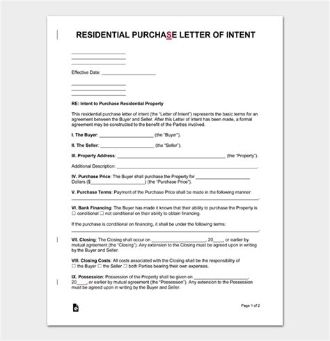 real estate letter  intent templates purchase  sell