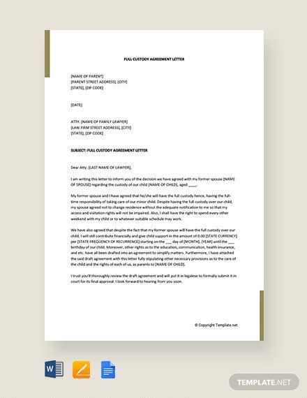 full custody agreement letter template   letters