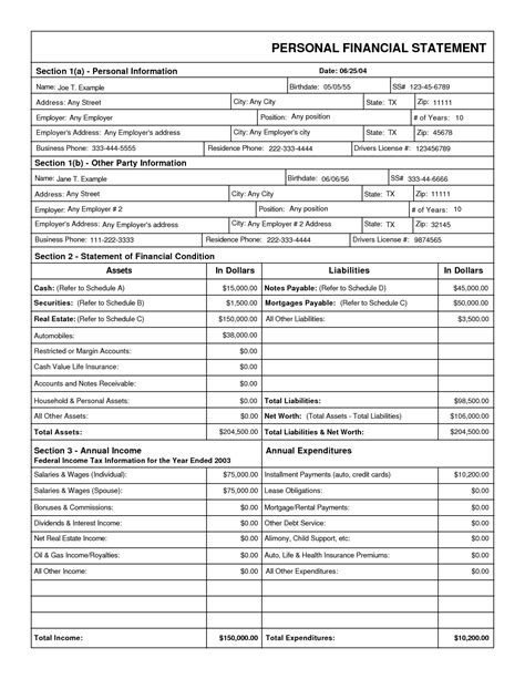 financial statement template  personal financial statement