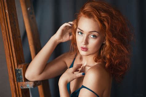 Wallpaper Women Redhead Long Hair Looking At Viewer Wood Black