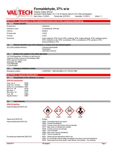 msds  toxicity formaldehyde