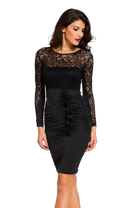 floral applique lace ruched bodycon midi dress backless long sleeve
