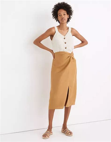 linen blend knotted midi skirt   midi skirt high fashion
