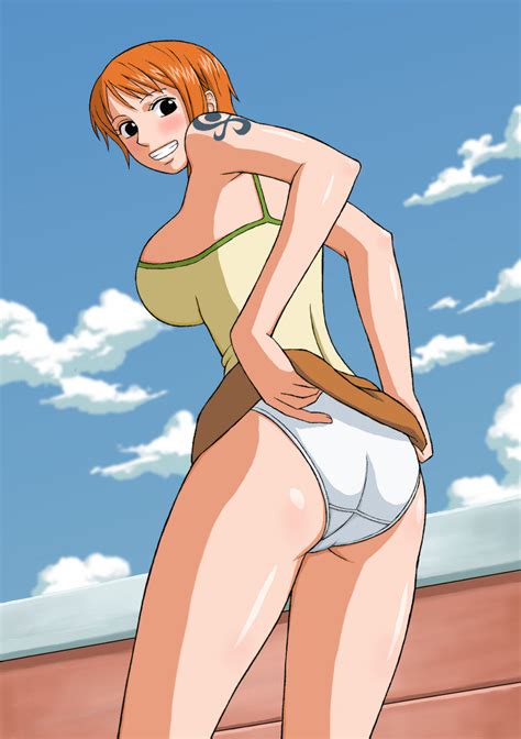 xbooru ass big breasts breasts clenched teeth cloud large breasts legs looking back nami one