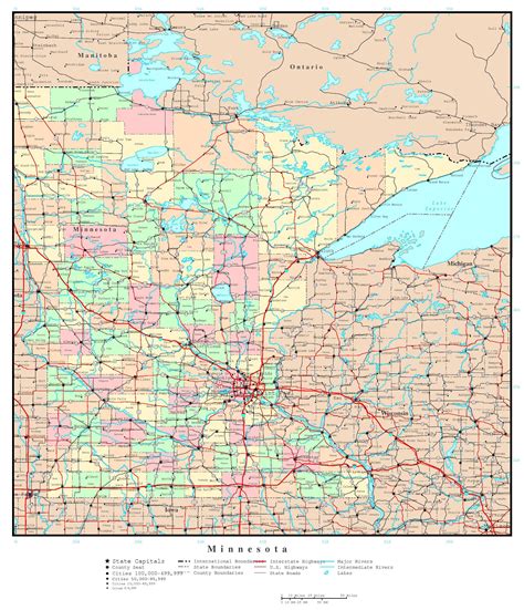 laminated map large detailed administrative map  minnesota state  roads highways