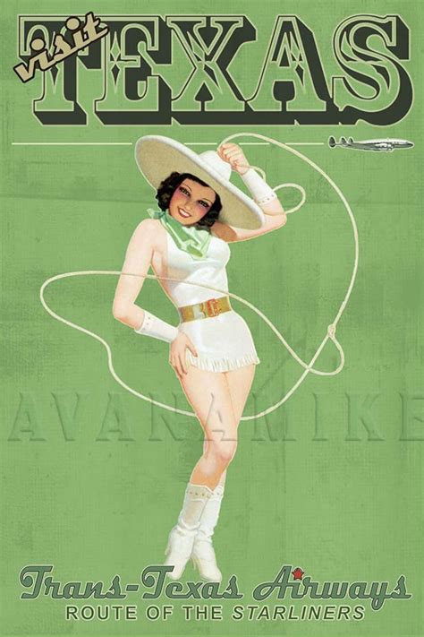 Texas Cowgirl Travel Vintage Pinup Poster Print With Starship Etsy