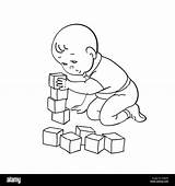 Bambino Kid Boy Gioca Disegno Costruisce Cubes Ragazzo Piccolo Giocando Cubetti Giocattoli Piramide Contorno Nero Pyramid Contour sketch template