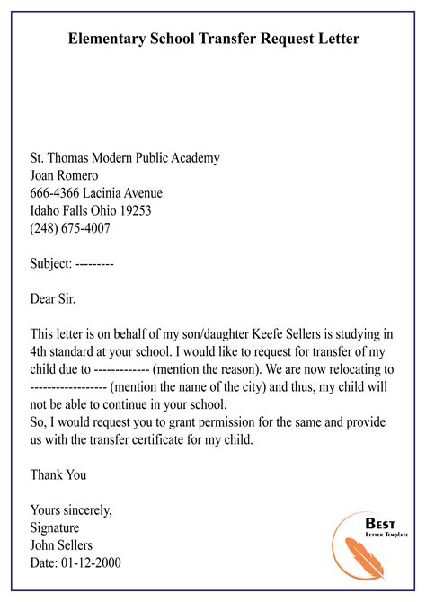elementary school transfer request letter   letter template