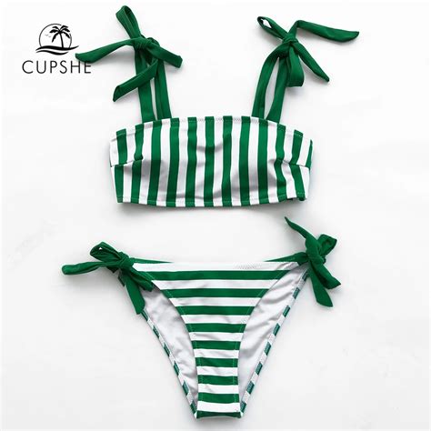 Cupshe Green And White Striped Tied Bow Bikini Sets Women Cute Thong