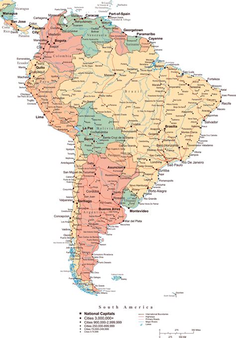 large political map  south america  roads major cities  capitals south america