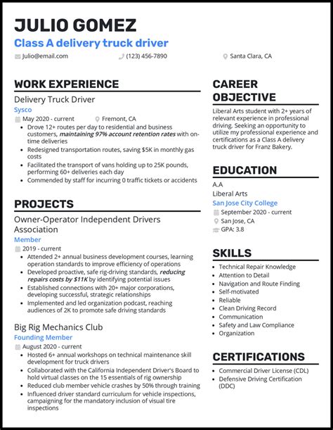 delivery truck driver resume examples working