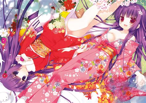 2girls Blush Breasts Cleavage Flowers Japanese Clothes Kimono Leaves