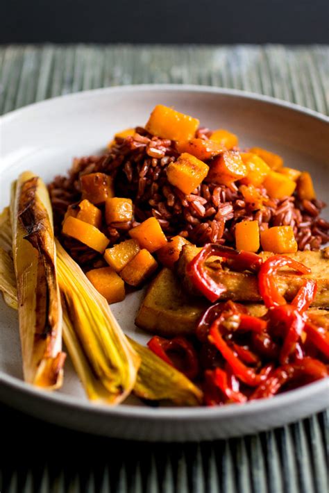 red rice or farro with miso roasted squash leeks red pepper and tofu