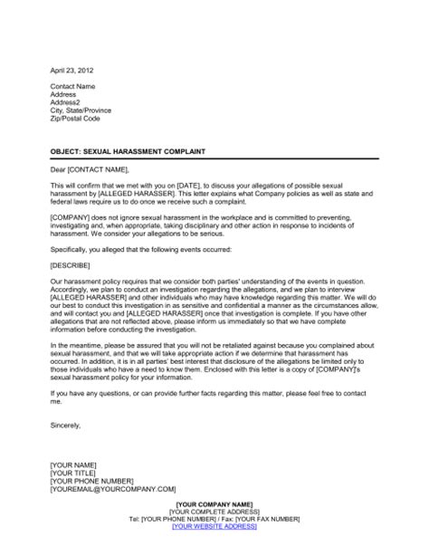 letter to sexual harassment complainant template word and pdf by business in a box