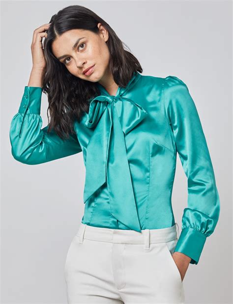 plain satin women s fitted blouse with single cuff and pussy bow in